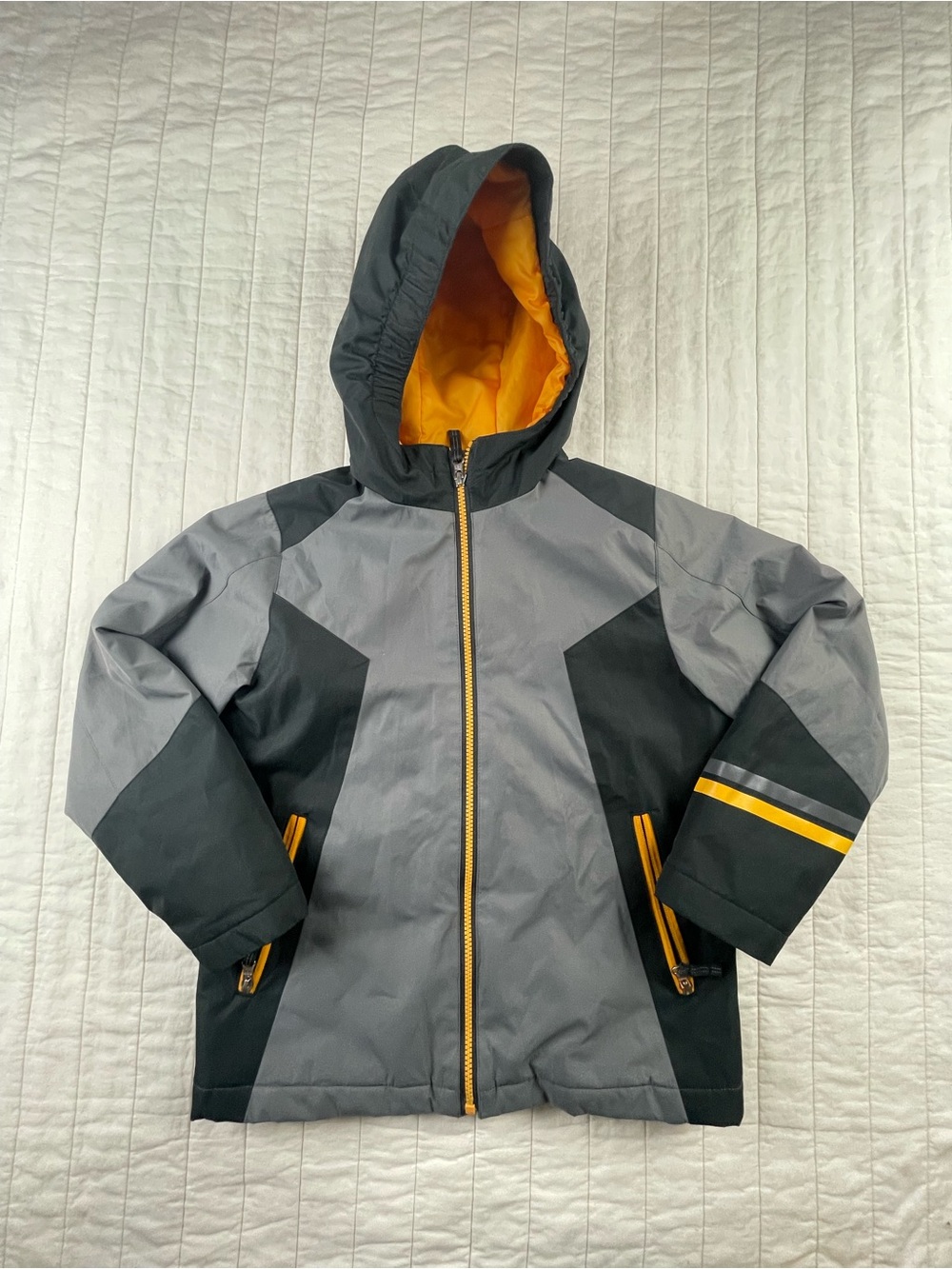 Lands' End Grey & Black Hooded Puffer with Yellow Lining Boys Small
